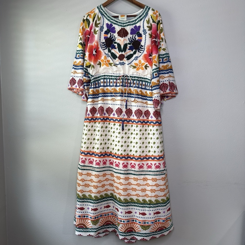 Farm Rio L Salt Island Crabs Tunic Maxi Dress Kaftan Beaded Tassel Resort Beachy